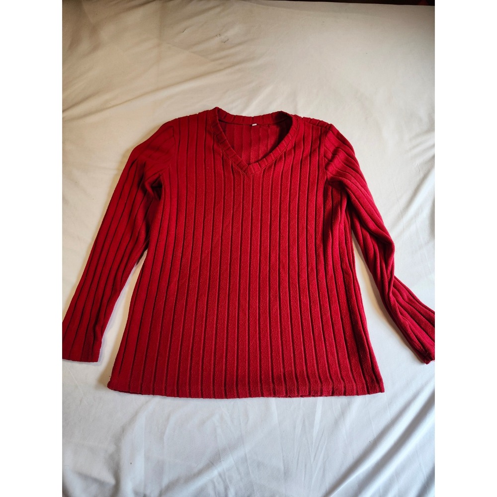 Red Ribbed V-Neck Sweater Long Sleeve Knit Top Small